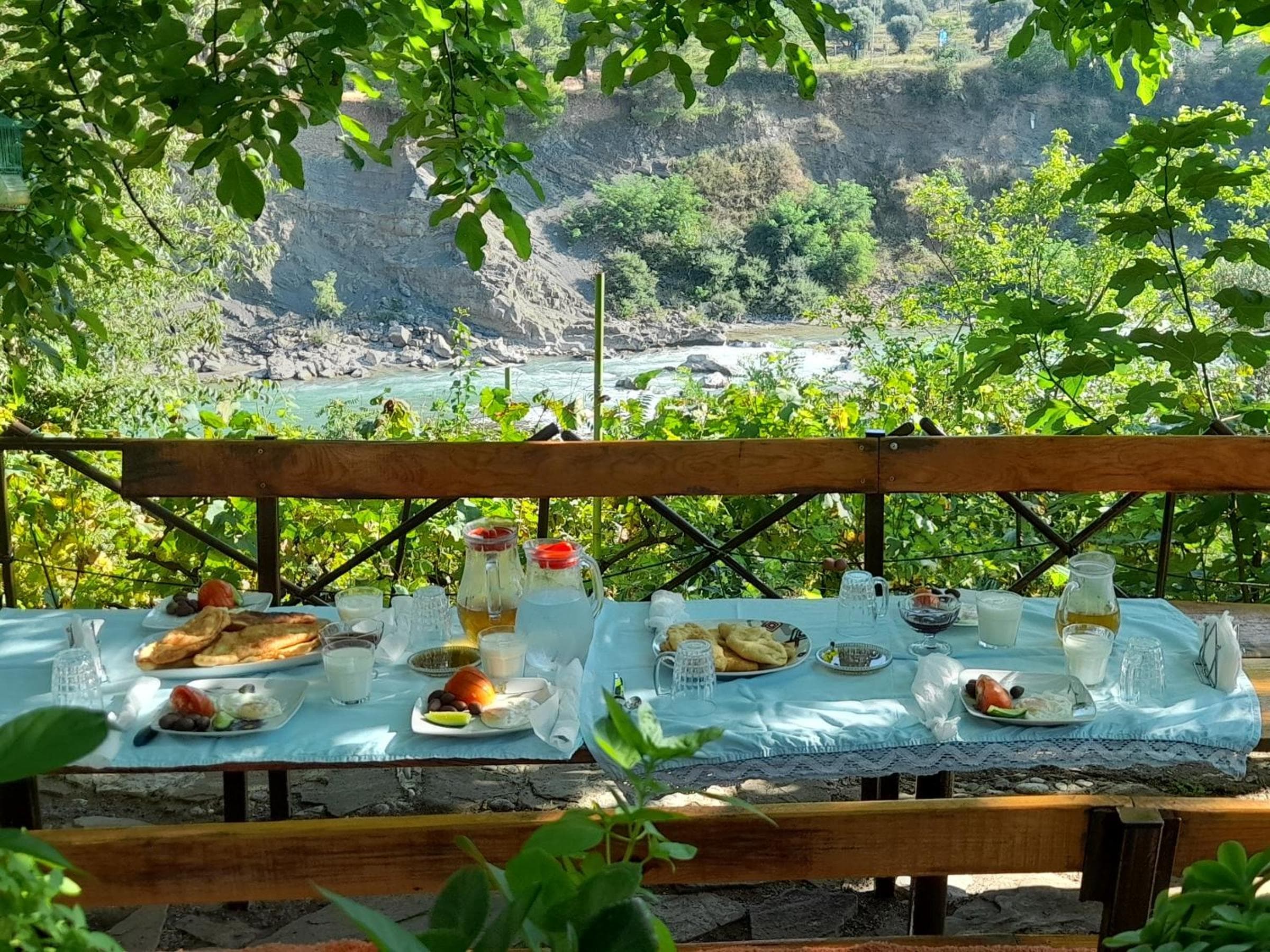 Breakfast laid out on the terrace under the vines
